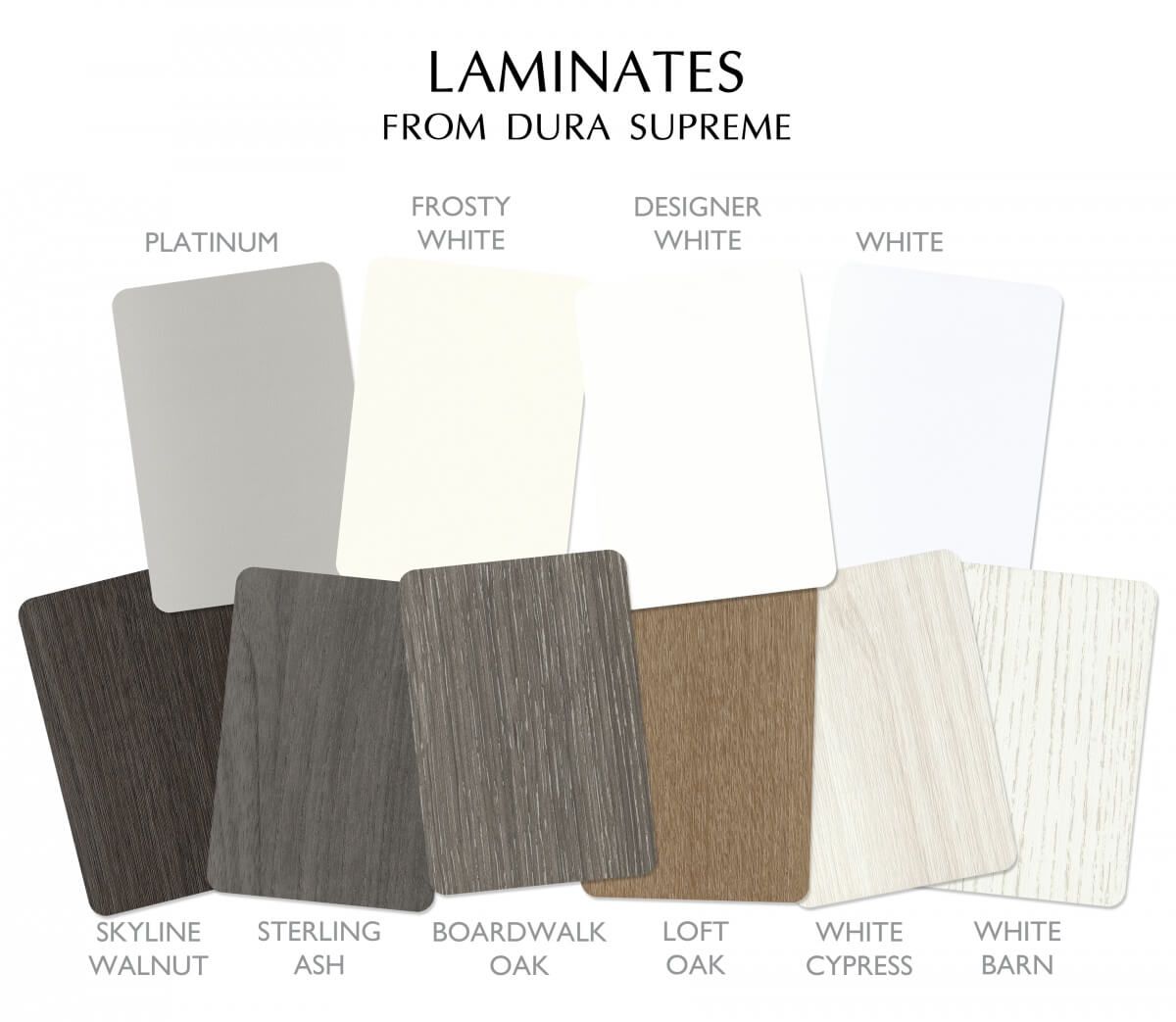 Laminates from Dura Supreme Cabinetry. Solid colos and textured wood grains for Laminate Cabinets.