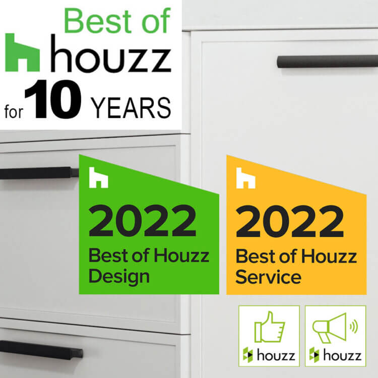 Dura Supreme Cabinetry is awarded Best of Houzz for 10 years in a row. For a decade the semi-custom and custom cabinet brand has received many Houzz honors including Best of Design, Best of Customer Service, the Influencer badnge and the hard to get recommended badge given only to brands that get the highest cabinet review standings.