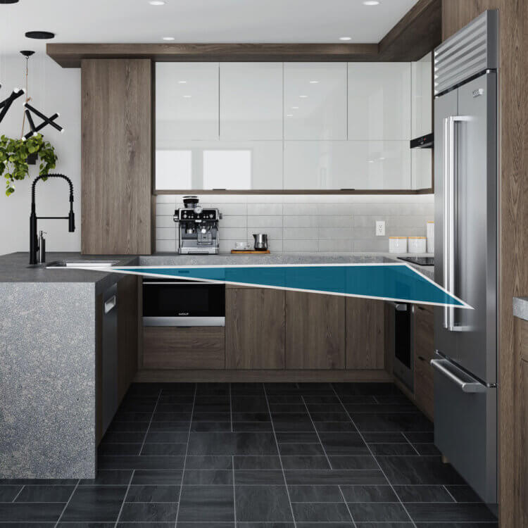 A modern kitchen with a functional kitchen work triangle.