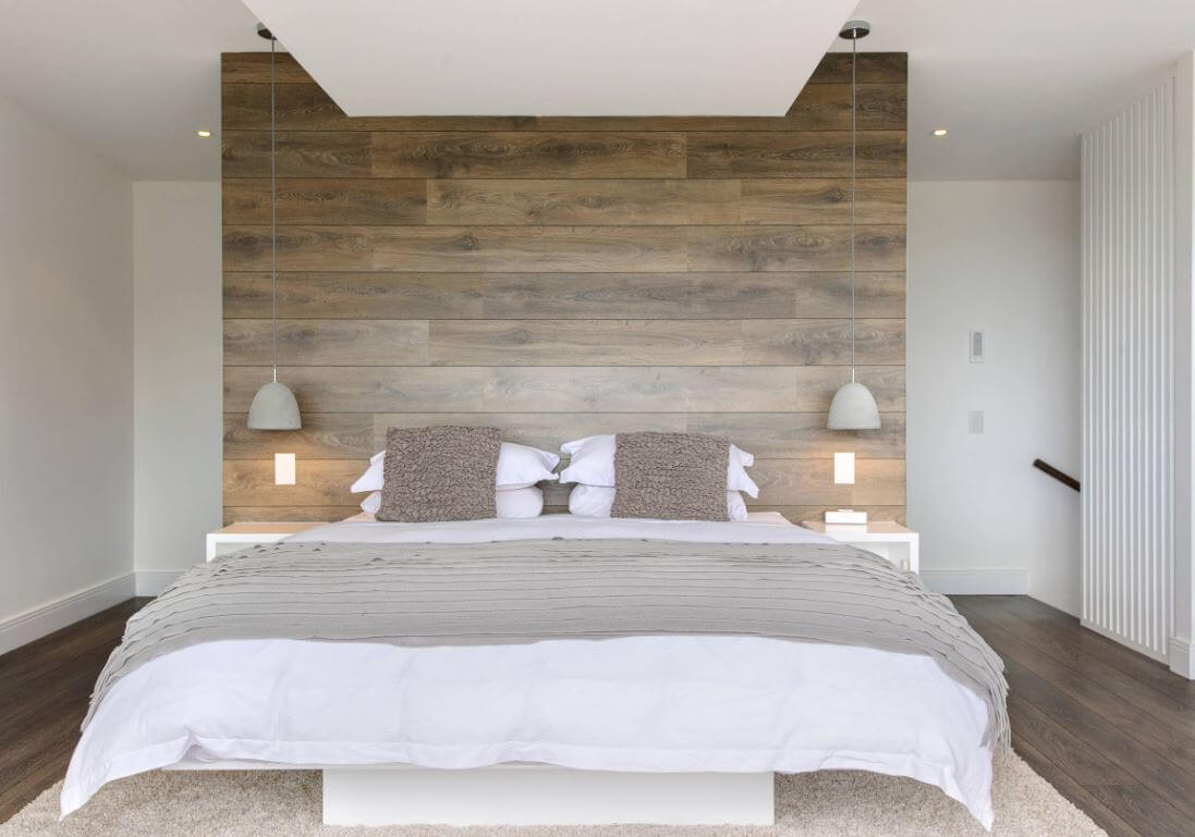 Rustic wood in a modern master bedroom design