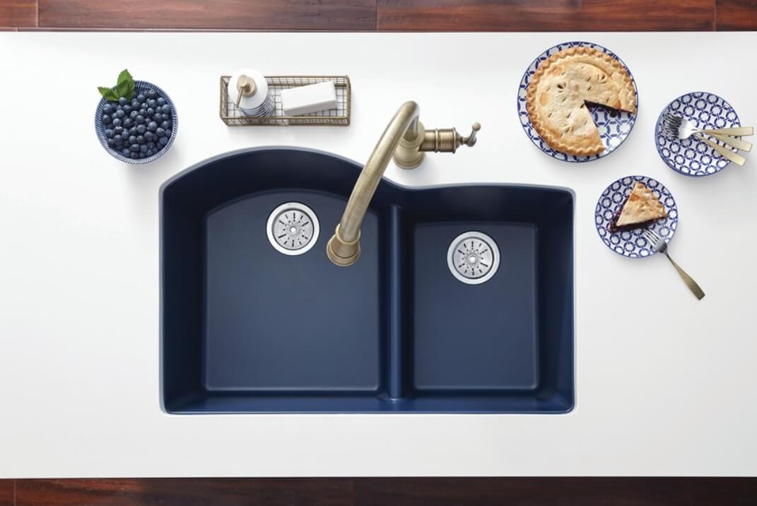 Blue Sink, ElkayQuartz Luxe Offset 60/40 Undermount Sink with Aqua Divide