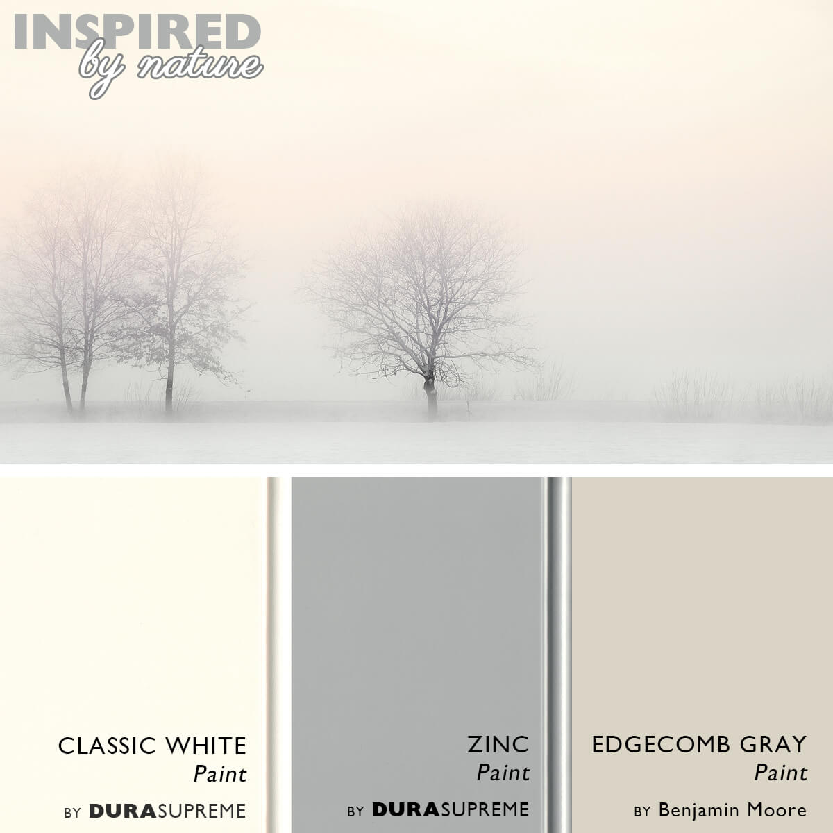 A warm white and gray kitchen color palette inspired by a nature. Warm white and gray cabinet paint colors from Dura Supreme Cabinetry