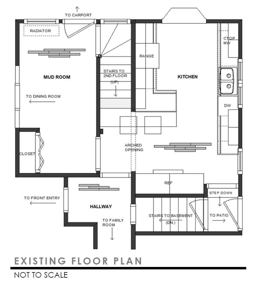 A blueprint of the floor plan to the existing kitchen and entryways before the remodel of the old home.