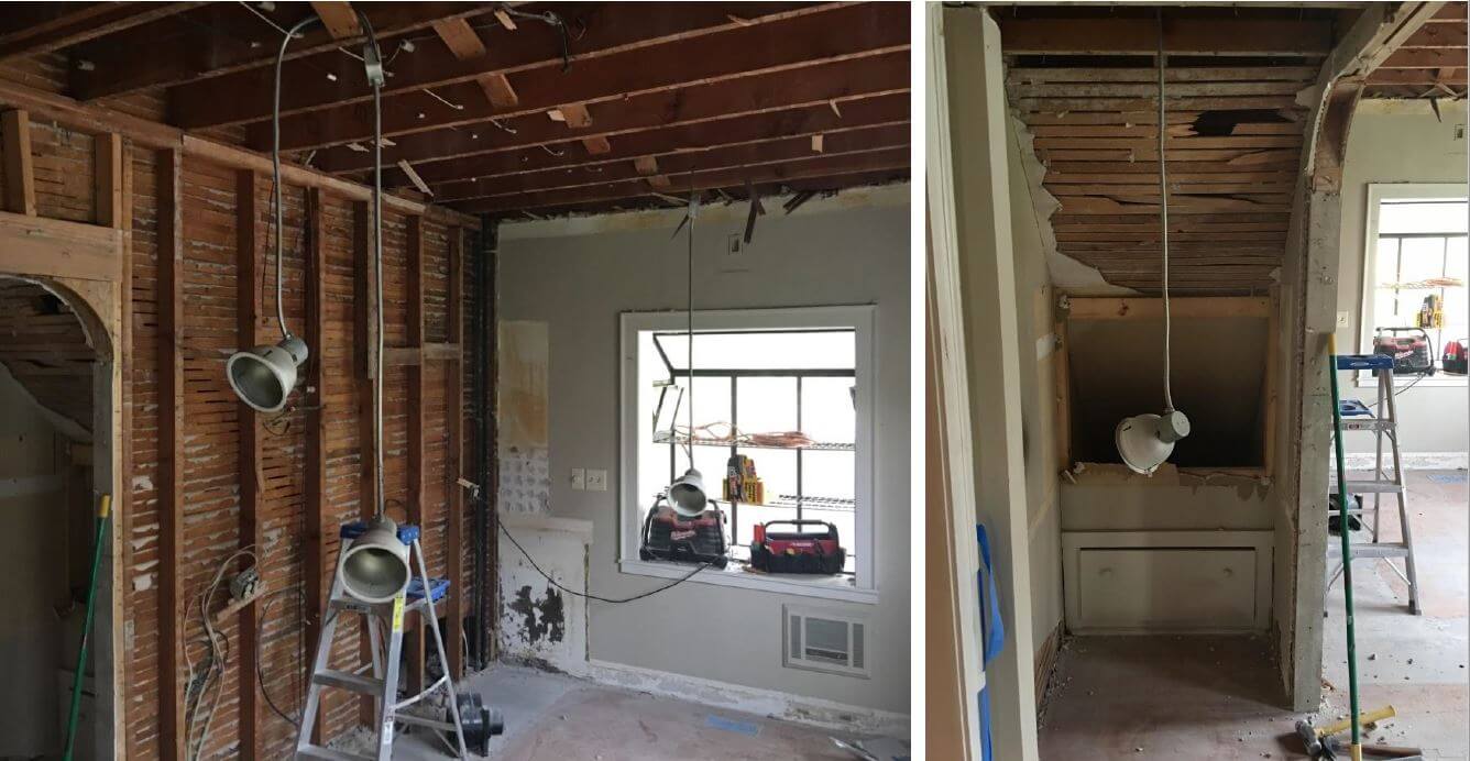 (Left) Pictures the kitchen during renovation before the wall with the secondary staircase and the window were removed. (Right) Shows the back side of the secondary back staircase before it was removed.
