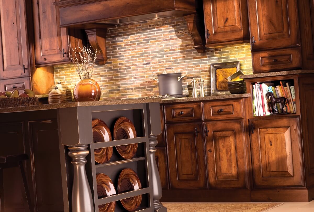 Mountain Resort Style kitchen design with a rustic and traditional look. Kitchen Cabinets by Dura Supreme Cabinetry.