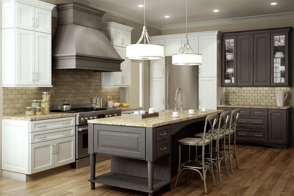 A modern farmhouse style kitchen with white painted kitchen cabinets and weathered wood kitchen island cabinets, wood hood, and accent kitchen cabinets from Dura Supreme Cabinetry.