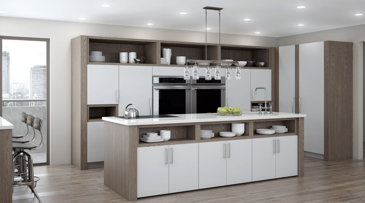A modern kitchen design with white cabinets and gray stained wood featuring coordinating white granite countertops.