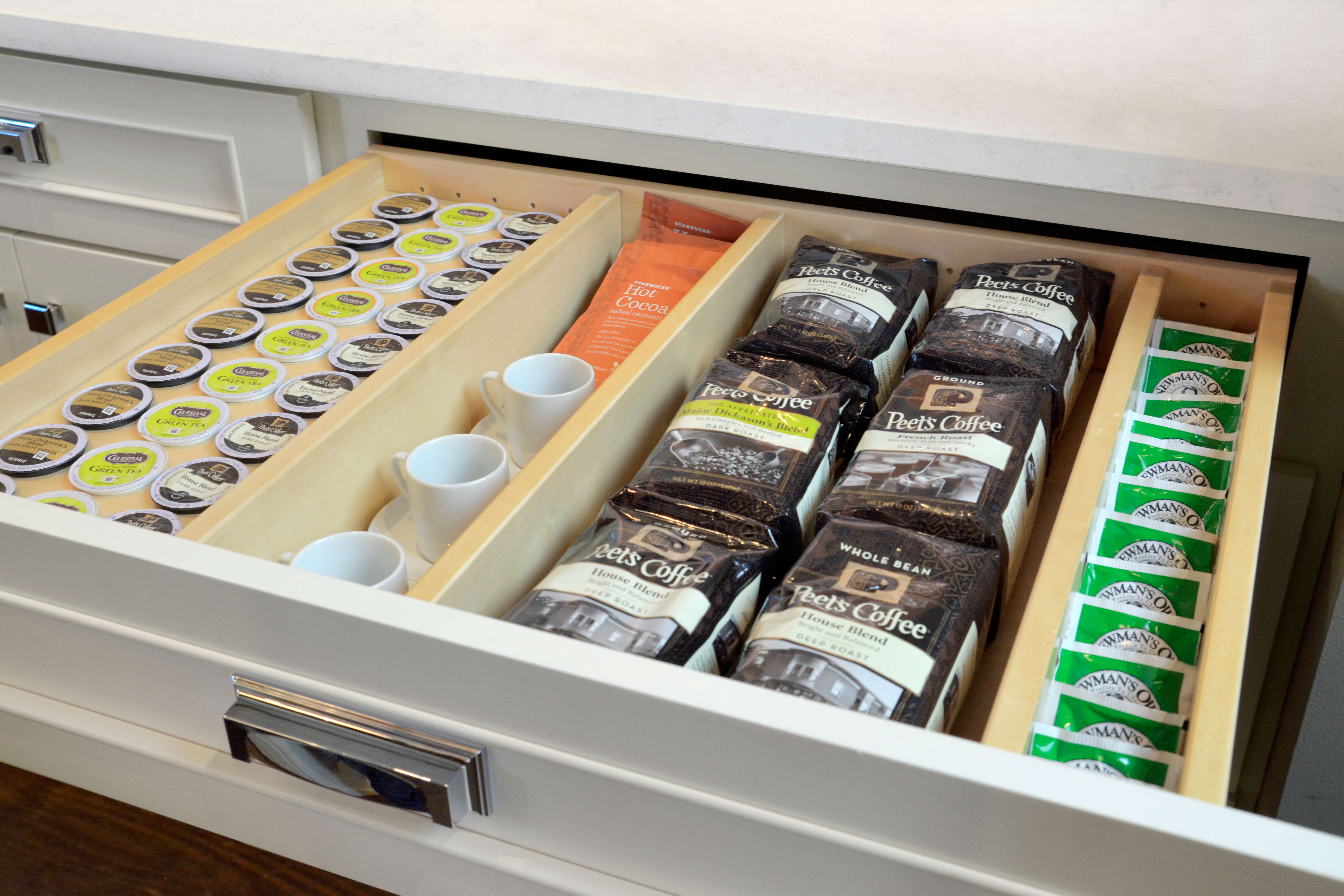 Create a beverage center for coffee, tea, and k-cup with Dura Supreme's Drawer K-Cup Organizer with Drawer Partitions for kitchen cabinets.