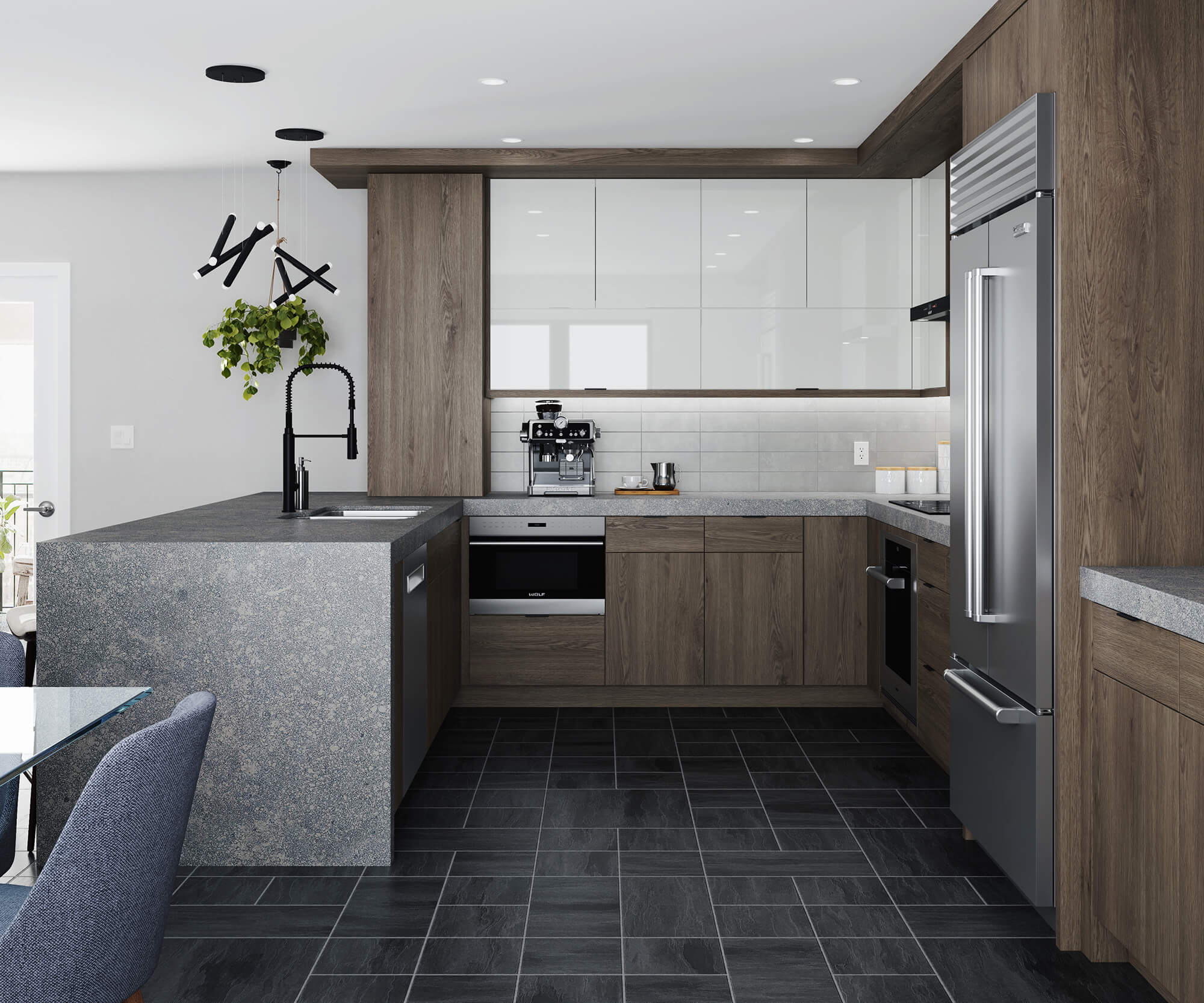 An ultra modern kitchen design with gray stained oak cabinets and glossy acrylic cabinets featuring a peninsula with a waterfall countertop and a sink.