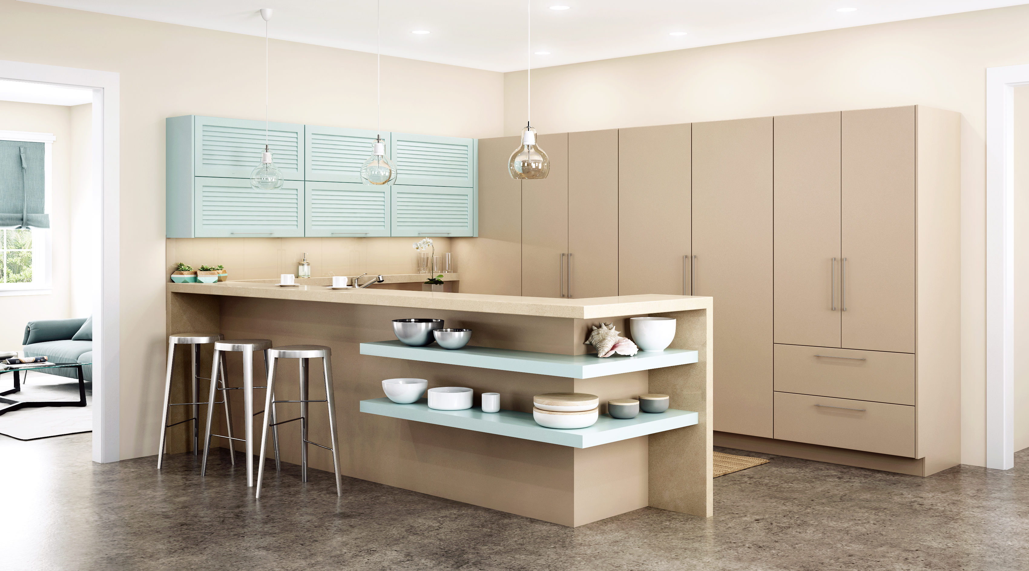 A modern kitchen with brown beige and aqua blue painted cabinets with a coastal vibe and bar height seating with floating shelves on the kitchen peninsula.