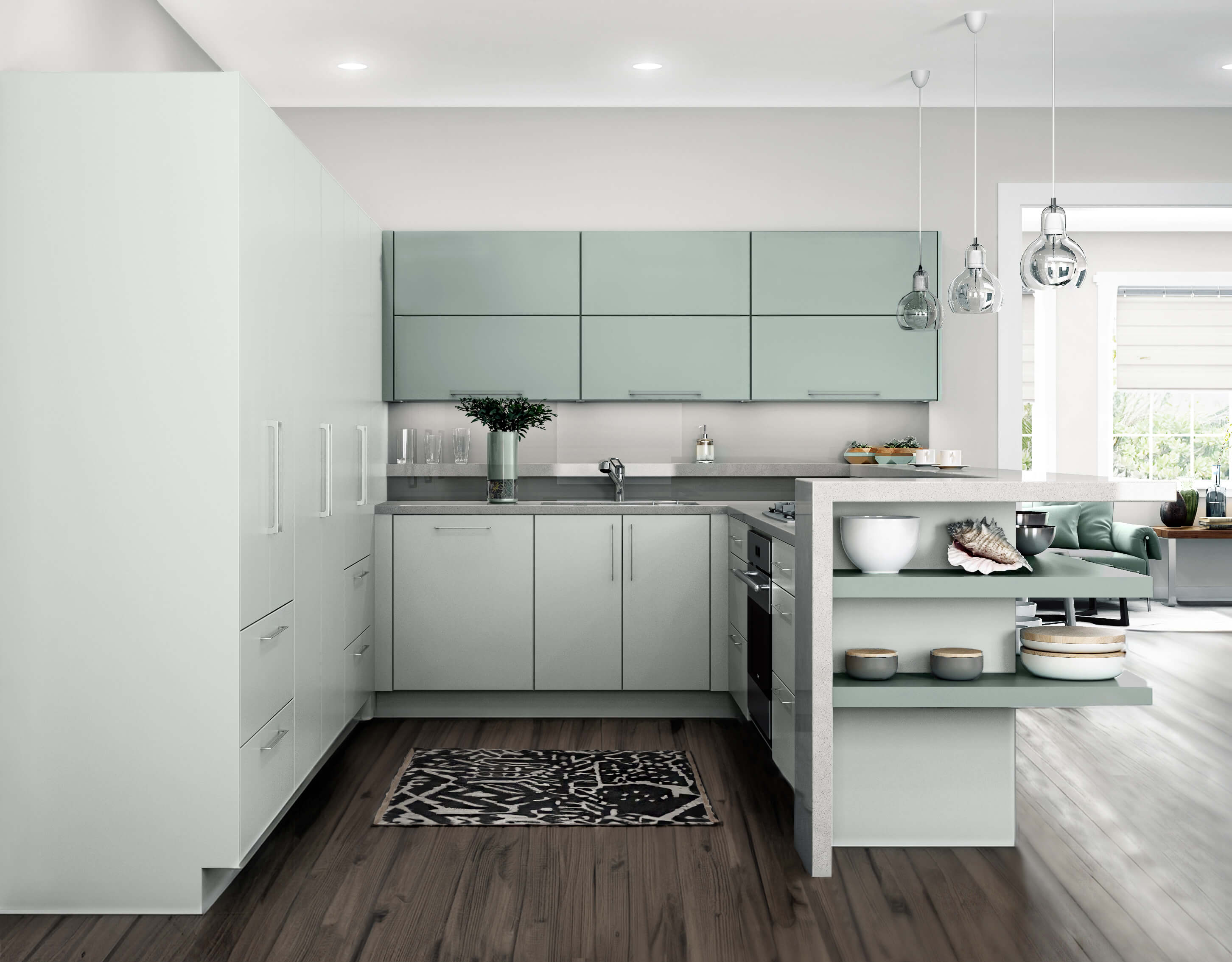 A U-shaped kitchen design with modern matte cabinets and a peninsula in kitchen with floating shelves and seating.