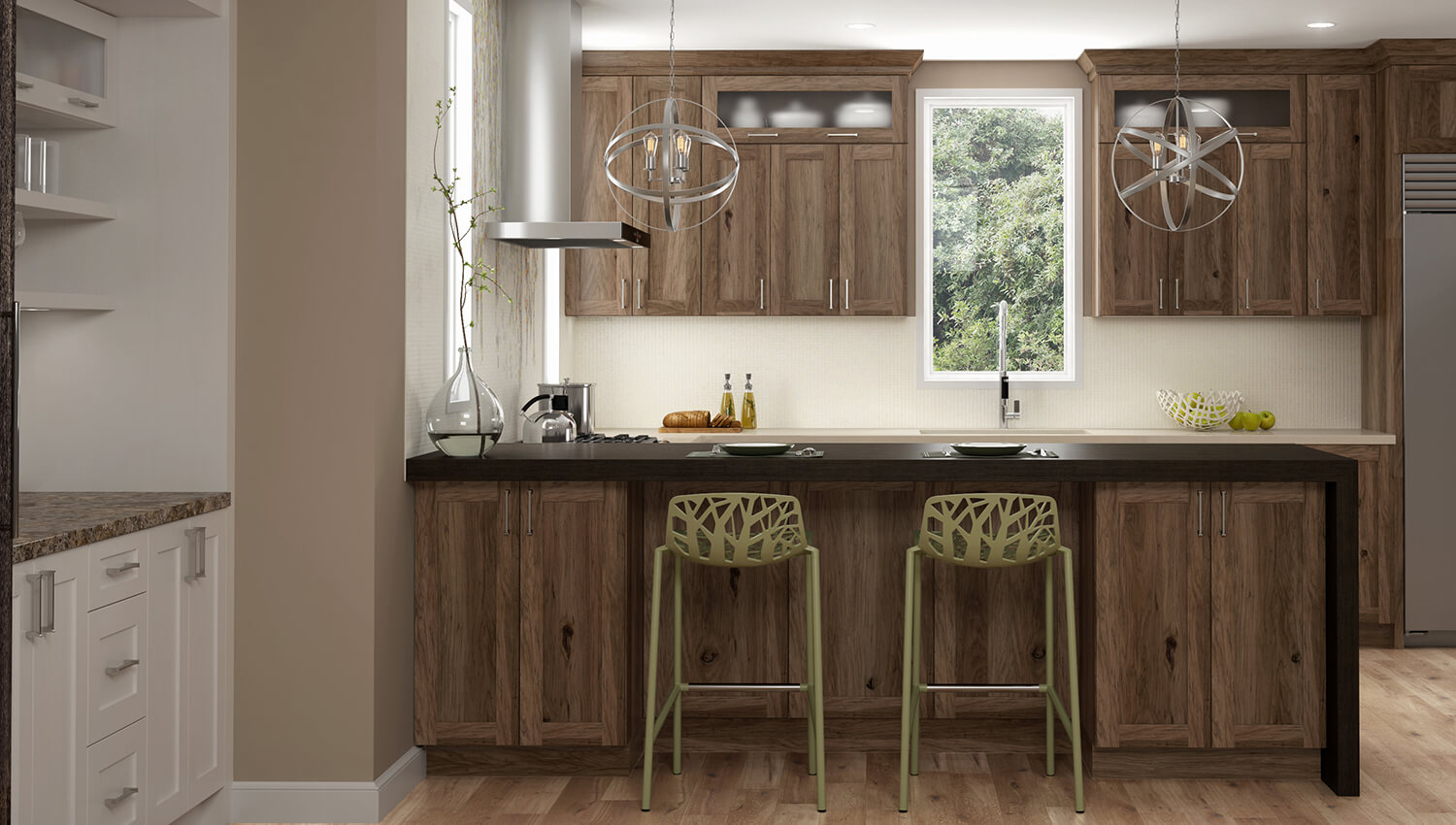 A rustic hickory kitchen featuring a kitchen peninsula attached to wall with storage, seating for two, and a waterfall countertop on the end.