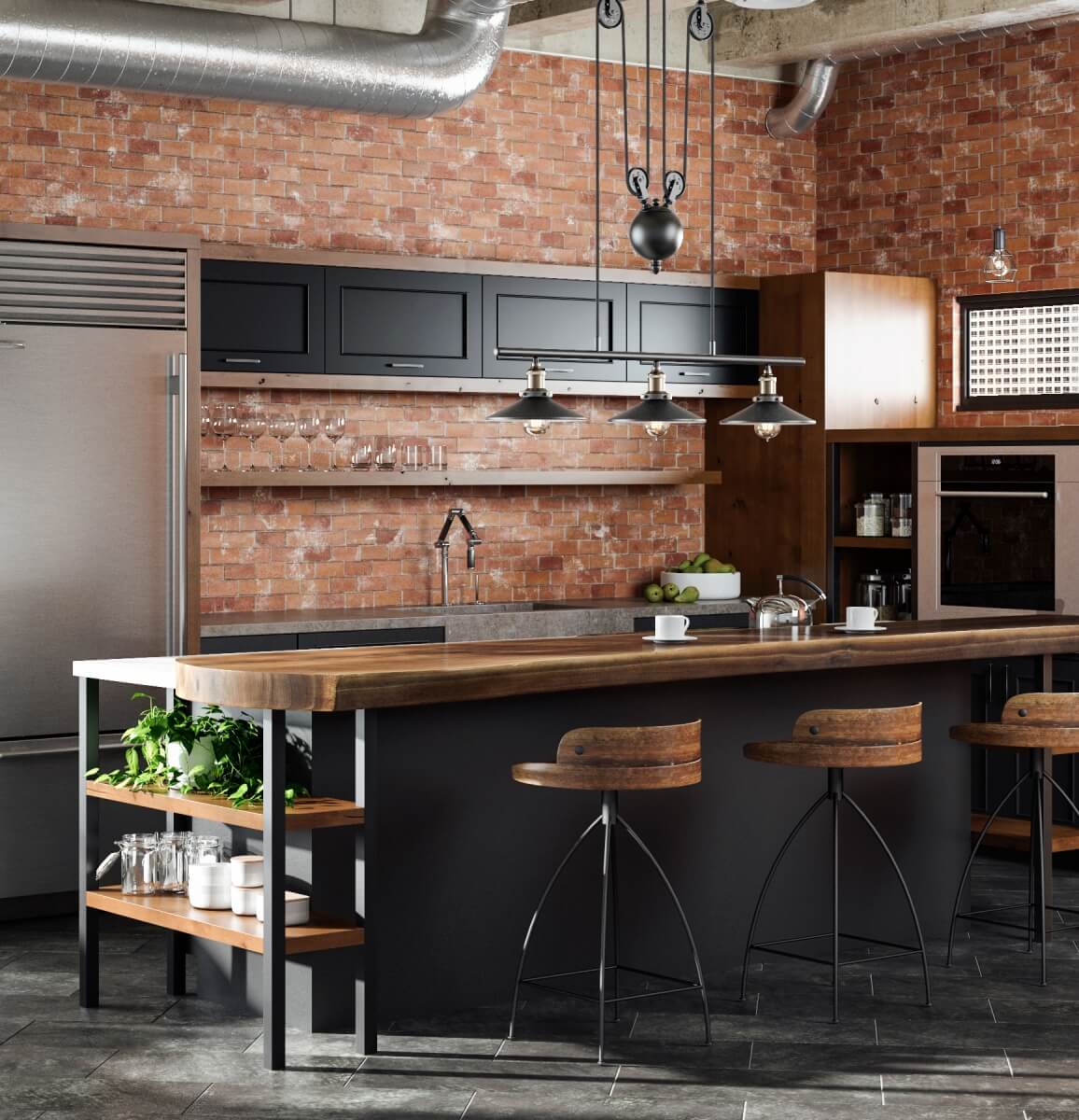 An Industrial style kitchen design in an urban loft with exposed brick walls and duct-work. The cabinets use a black painted finish and accents in a wood with a warm stain.