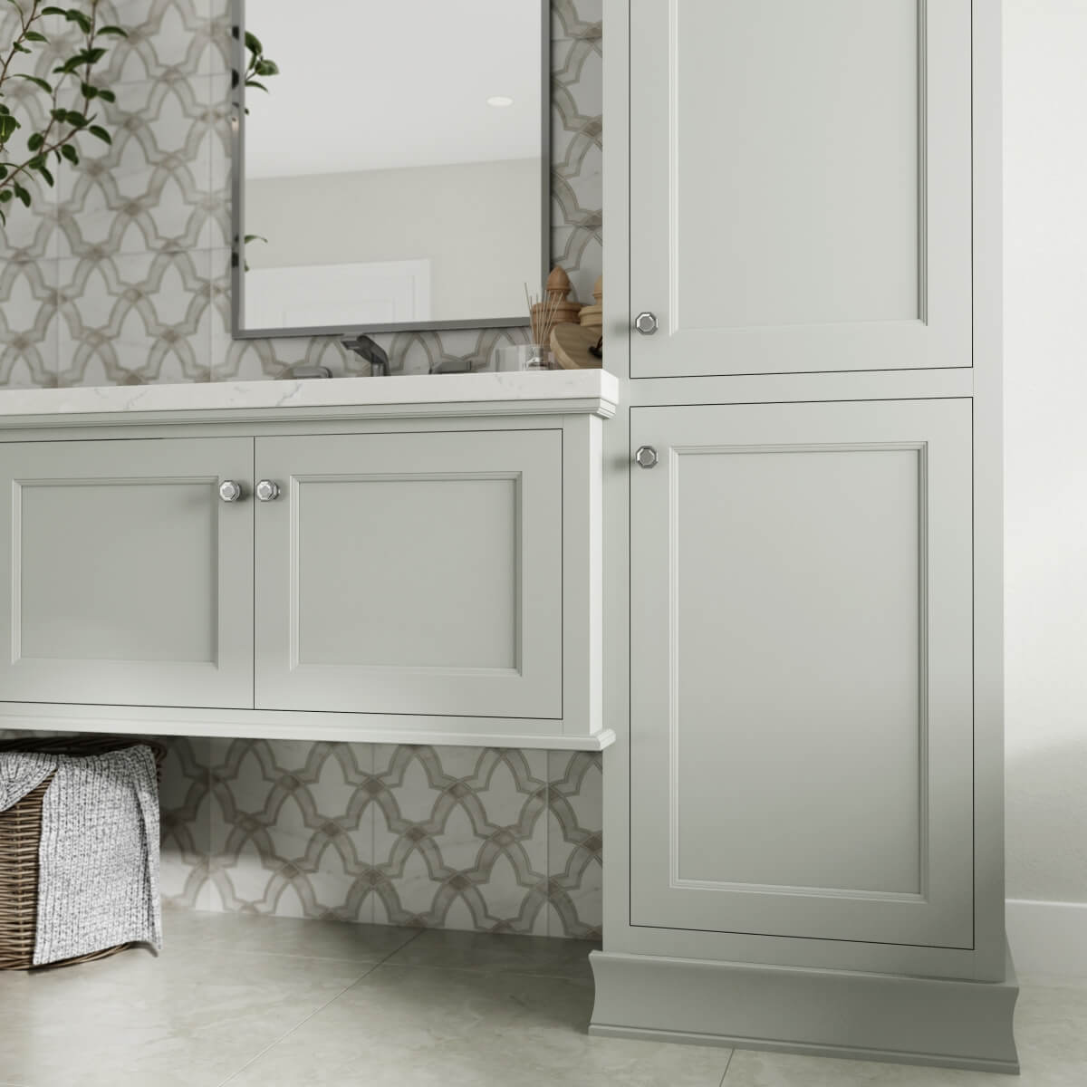 Curated Color: Silver Strand on Dura Supreme Cabinetry, Meridien door style, Inset, Wall Hung Vanity and Linen Cabinet