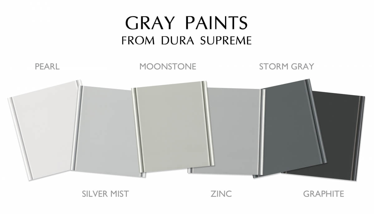 Gray Paint Colors from Dura Supreme Cabinetry, Pearl, Silver Mist, Moonstone, Zinc and Storm Gray.