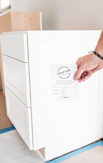 Dura Supreme Cabinetry is crafted with care by custom cabinet makers. This American made kitchen cabinet arrived at the remodel job site with a quality inspection tick stating 