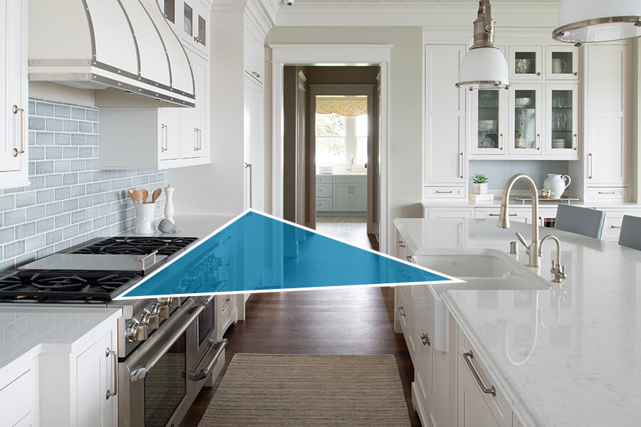 The Corridor kitchen layout (also known as The Galley Kitchen Design) has a workspace large enough for one cook. In this kitchen floor plan, the work zones face each other on two parallel walls, creating a small work triangle. This Galley kitchen layout has a work triangle that goes from the kitchen island sink to the range across, to the fridge a few feet away.