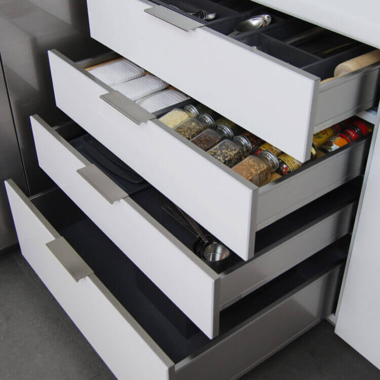 Bria Cabinetry frameless cabinet stainless steel drawers and roll-out shelves.