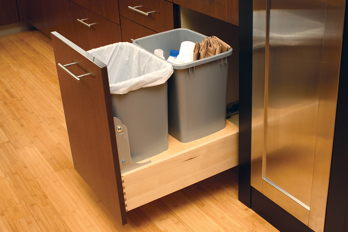 Base Recycling Center by Dura Supreme Cabinetry comes standard with a Touch-Latch Mechanism for Hands-free opening.