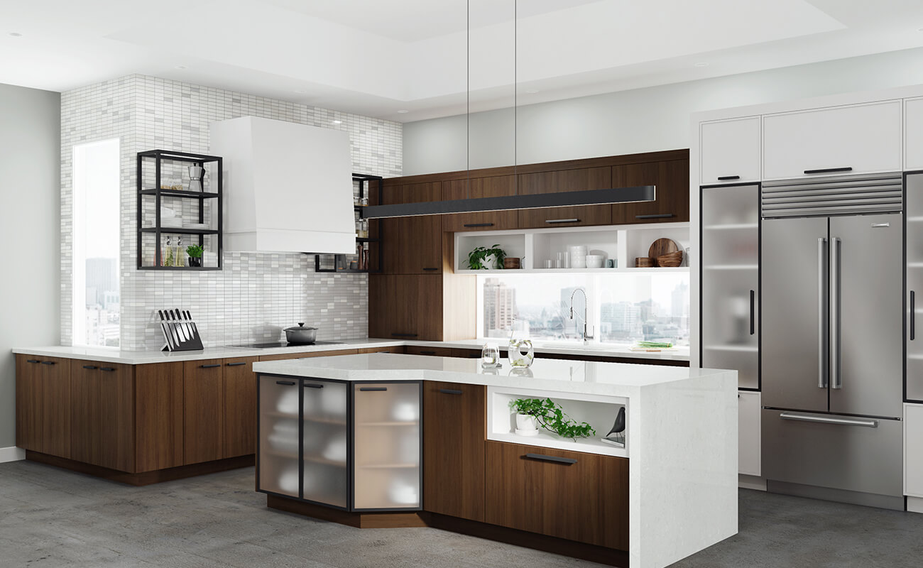 A modern kitchen in an urban city appartment with walnut cabinets and white painted modern wood hood and accent cabinets. Matte black metal cabinet doors and floating shelves add an industrial flavor to the overall design.