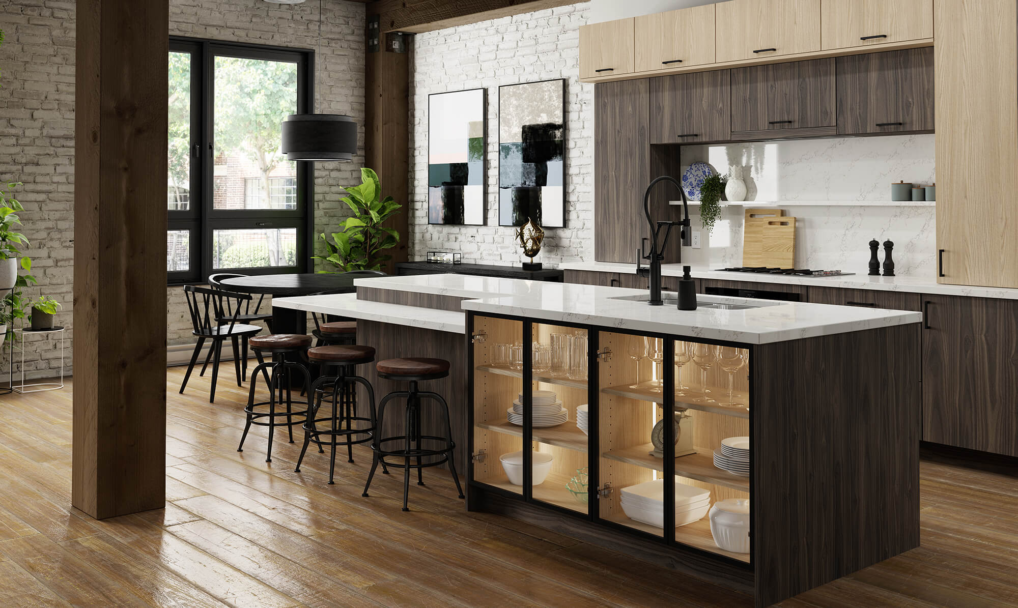 A beautiful industrial styled kitchen with a long kitchen island that features table height stool seating with an ideal island overhang for proper leg space.