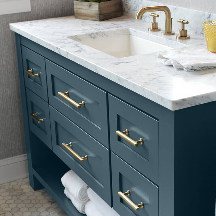 Bathroom Vanity Storage showing a navy blue furniture style vanity.