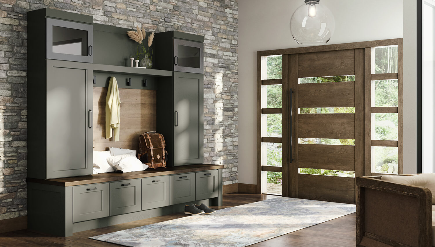 A dark green entryway boot bench with lockers and a shiplap back panel.