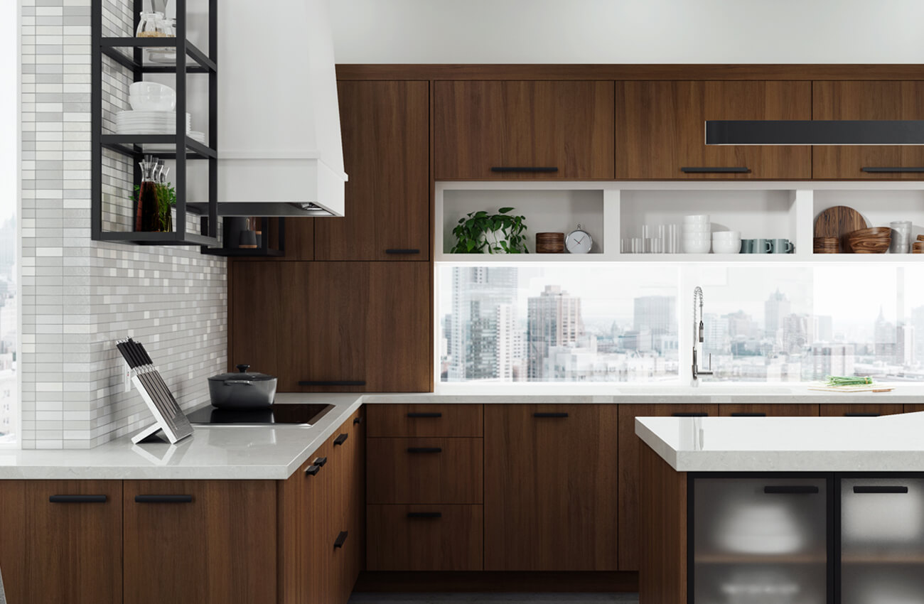 Stained walnut kitchen cabinets in a modern urban loft kitchen design featuring a white painted modern hood and matte black metal floating kitchen shelves. Frameless construction optimizes for full access to the interior and storage, while its diverse array of styles speaks directly to the imaginative homeowner in need of specific function and modern design details.