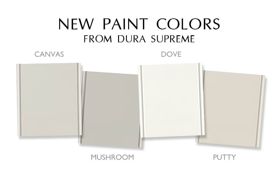 New cabinet paint colors from Dura Supreme showing several off-white/ muted colors including Canvas, Mushroom, Dove, and Putty.