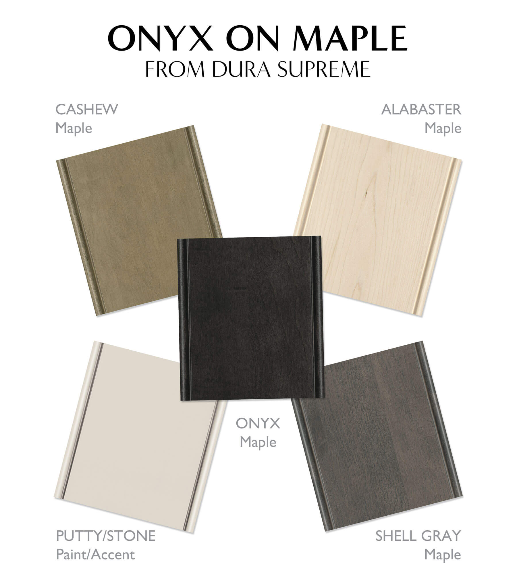Cabinet pairings to go with an almost black stain color on Maple cabinets called Onyx from Dura Supreme.