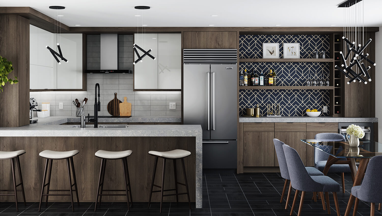 The slab, Camden door style in Red Oak has a dramatic wood grain appeal. Paired with a high-gloss acrylic, this combination of cabinetry creates a polished contemporary design. 