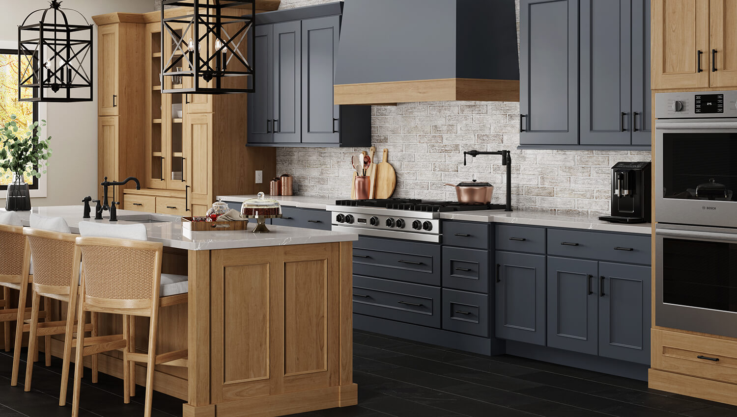 This beautiful modern take on an Old English kitchen features Dura Supreme’s Middleton door style in the light brown, Coriander stain on the Cherry wood species paired with our Cyberspace paint from our Curated Color Collection.