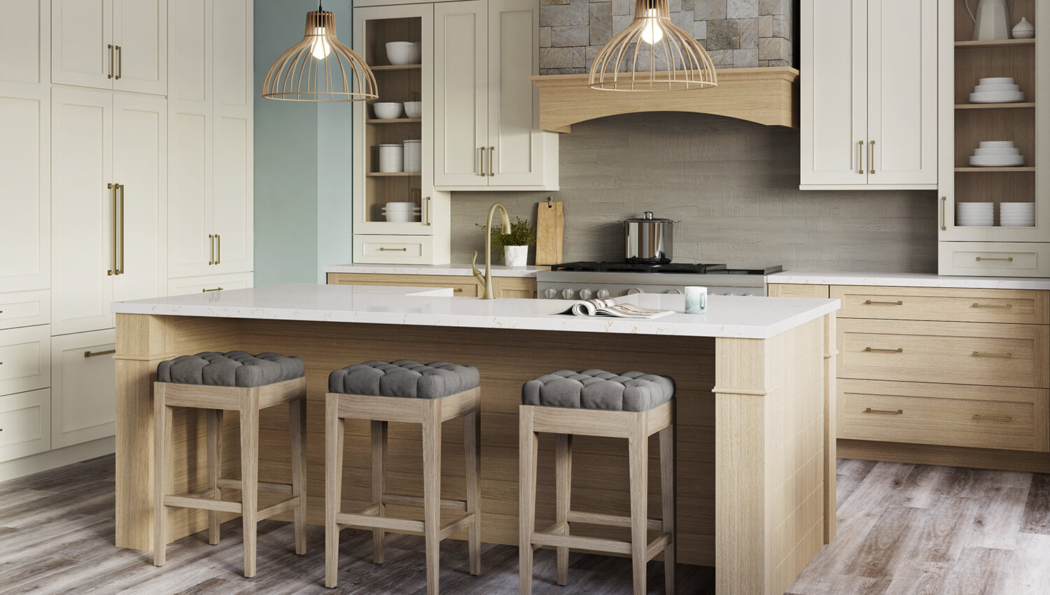 This Dura Supreme kitchen remodel features the Silverton flat panel door style with a soft “Putty” painted finish combined with the Craftsman Panel door style in the “Cashew” stain on Quarter-Sawn White Oak.