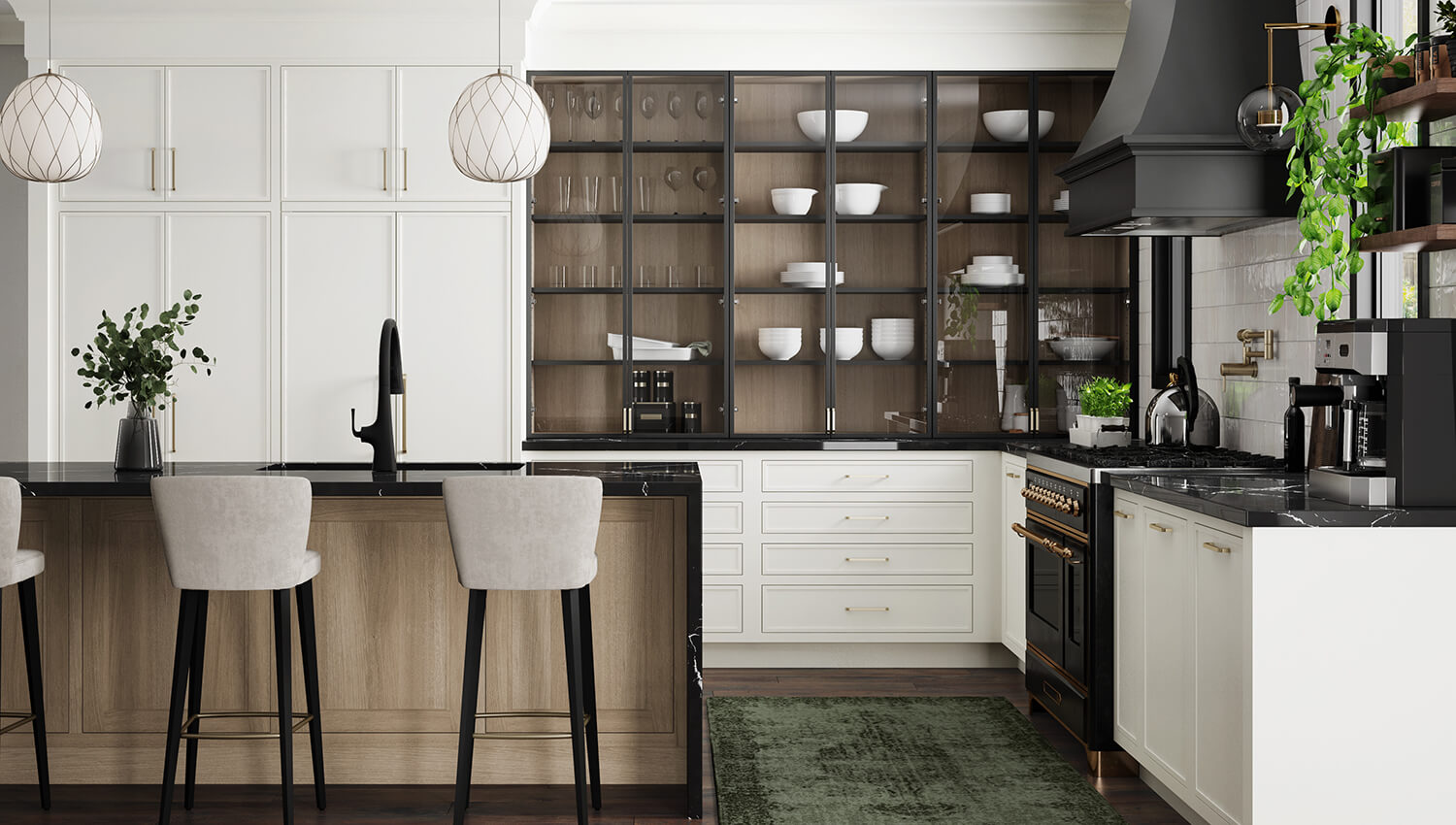 This kitchen remodel features Dura Supreme's Coriander stain on Quarter-Sawn White Oak for the kitchen island and the interior of the glass door cabinets.