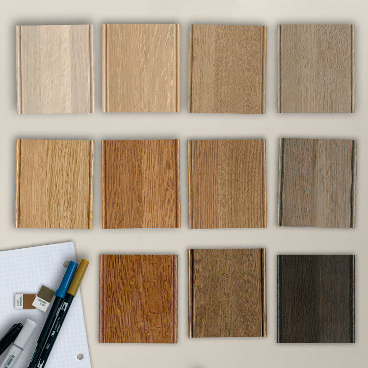 Dura Supreme Cabinetry has introduced a new wood species to their product offerings: Quarter-Sawn White Oak. Admired for its distinctive grain pattern, Quarter-Sawn White Oak is shown here in several different stain colors.