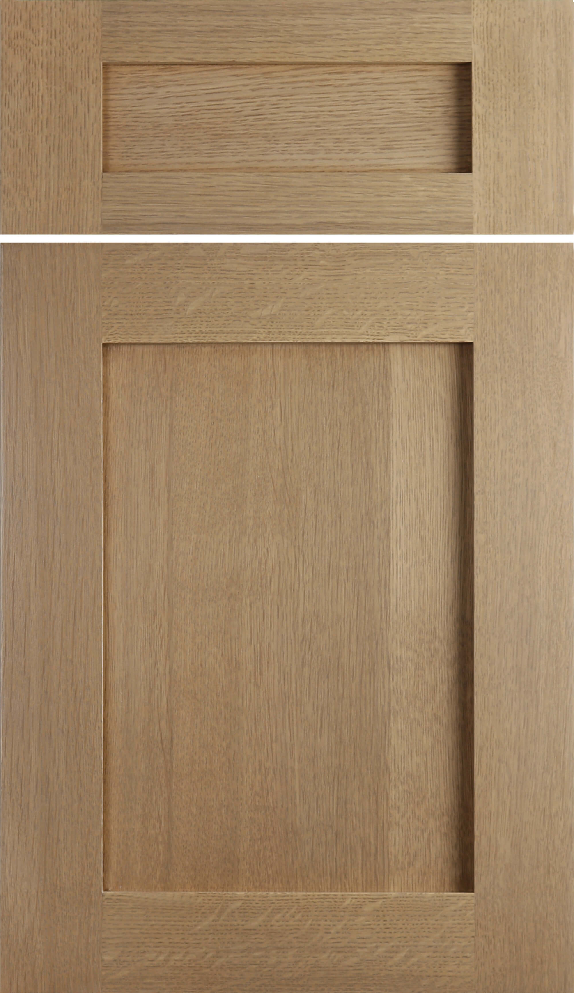 A classic shaker door style with crisp craftsman details in Quarter-Sawn White Oak featuring a light brown stain color.