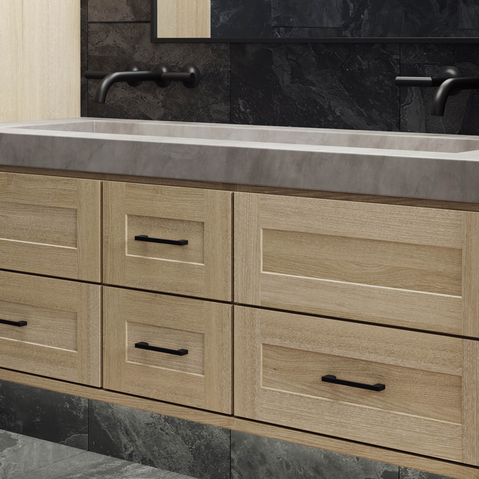 Shallow shaker cabinet doors on a floating wall-hung vanity.