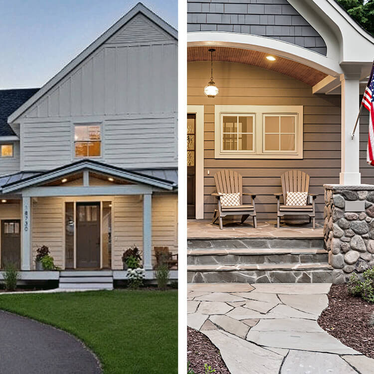 A story of two new custom homes in the same neighborhood. These two modern farmhouse new builds we designed and built by the same home builder, Boyer Building Corporation in Minnesota.