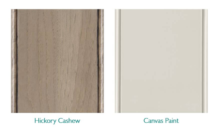 The color palette for the kitchen uses Dura Supreme's Cashew stain on Hickory with the Canvas painted finish.