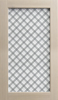 A cabinet door insert with large wire mesh diamond pattern.