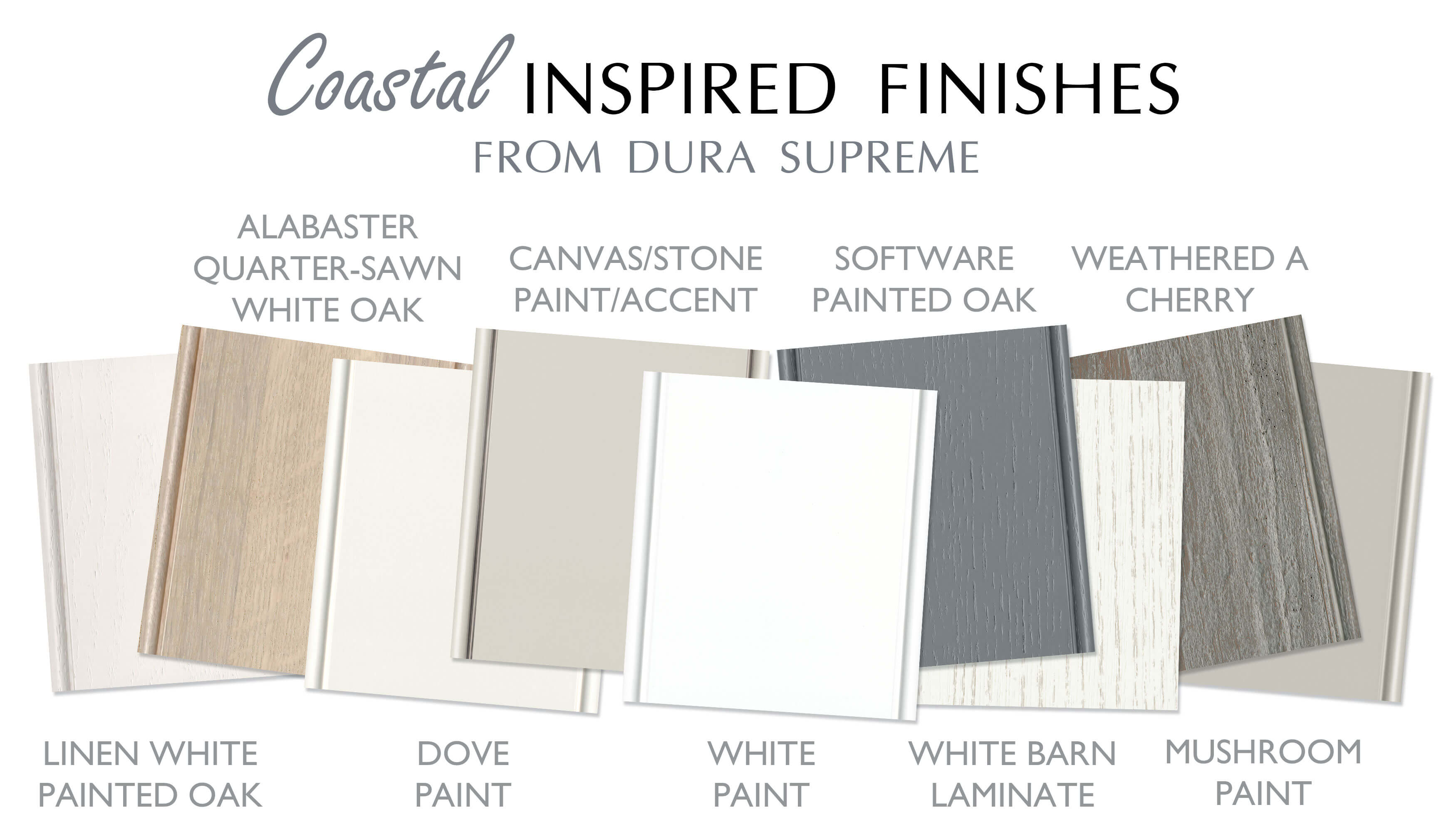 A collection of cabinet finish paint colors and stains for coastal style kitchen cabinets from Dura Supreme Cabinetry.
