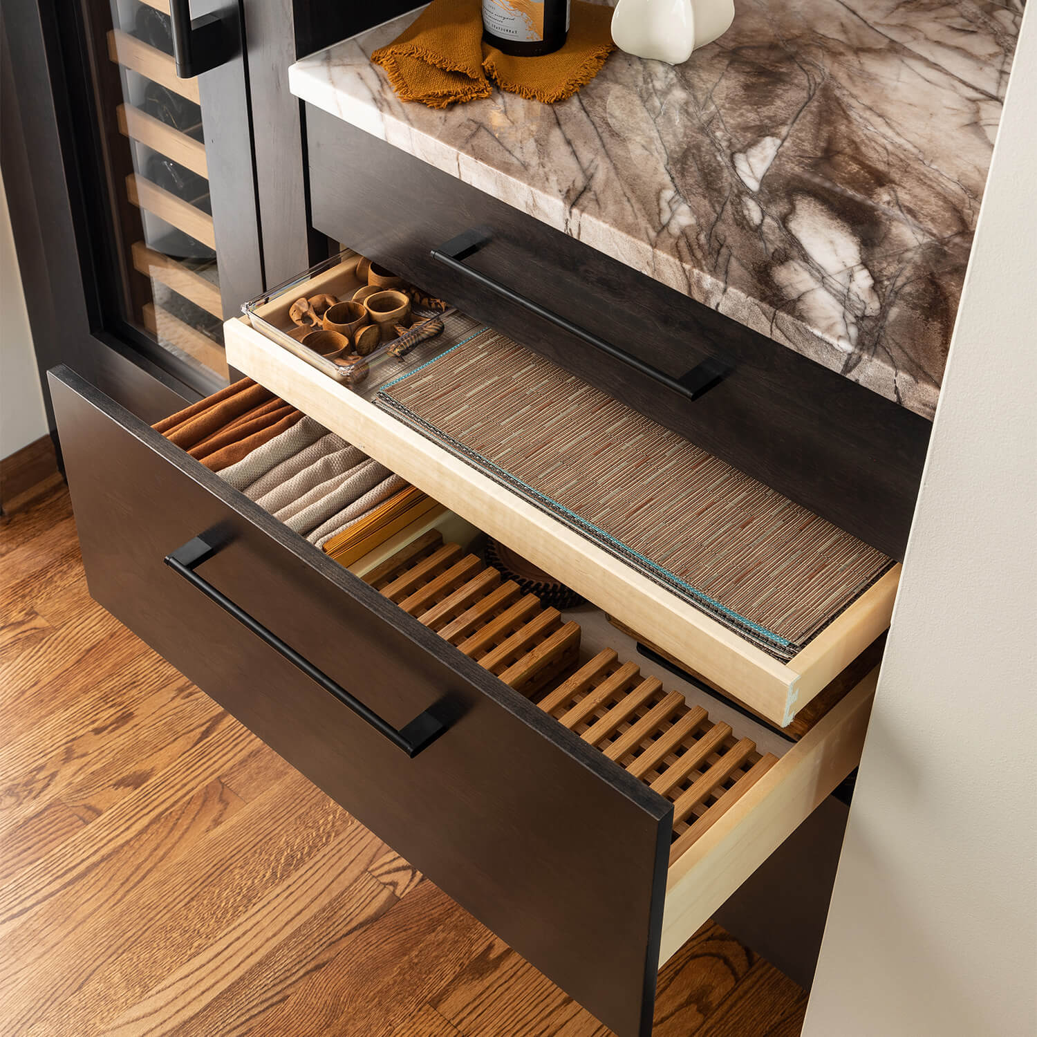 Shallow Roll-Out Above Drawer with an Adjustable Deep Drawer Partition