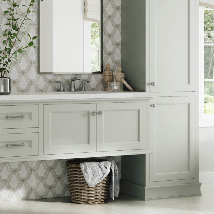 A sophisticated bathroom design with an elegant flat panel cabinet door style.