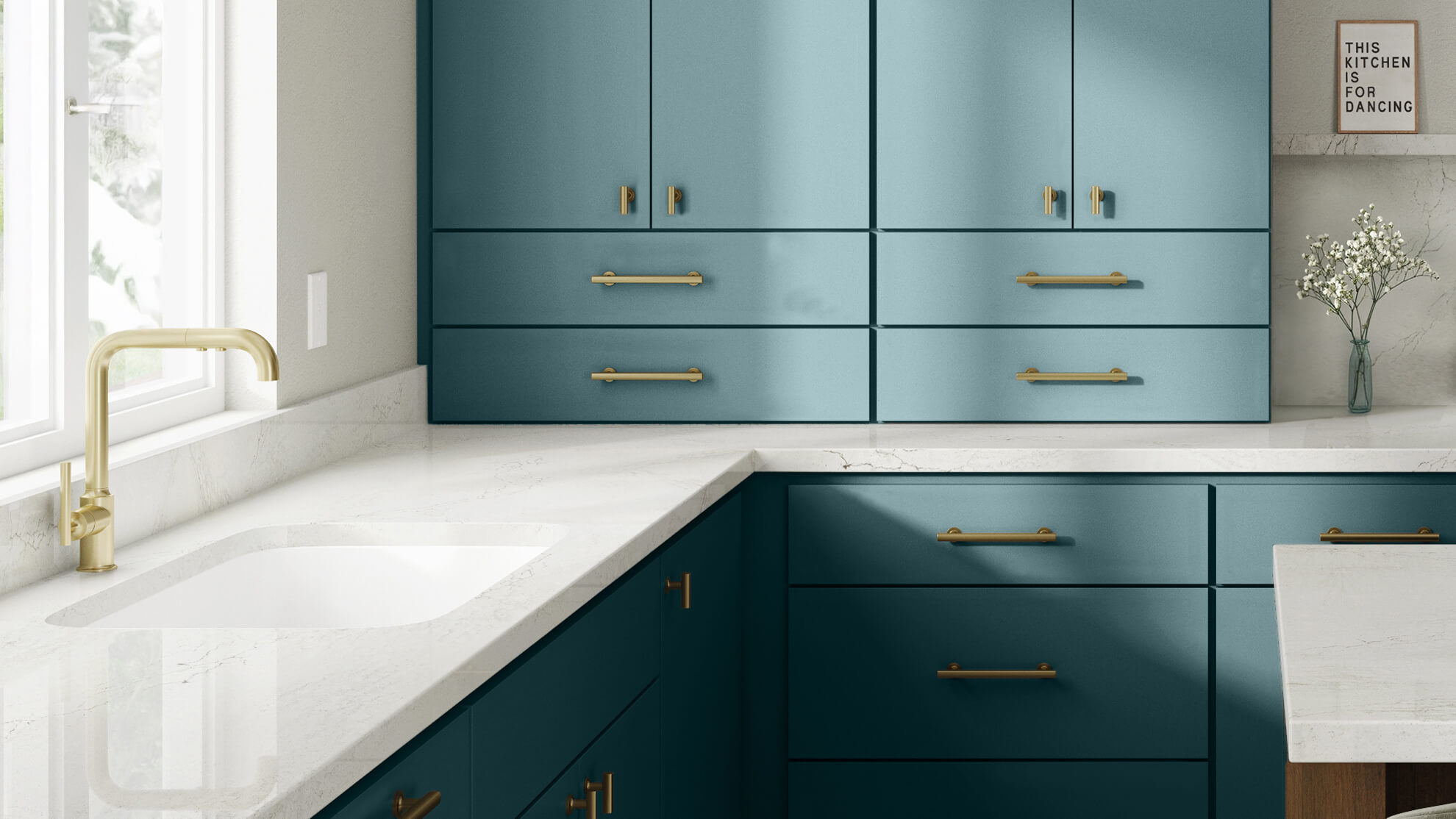 A contemporary kitchen design with ocean blue (High Seas) matte cabinets from Dura Supreme.