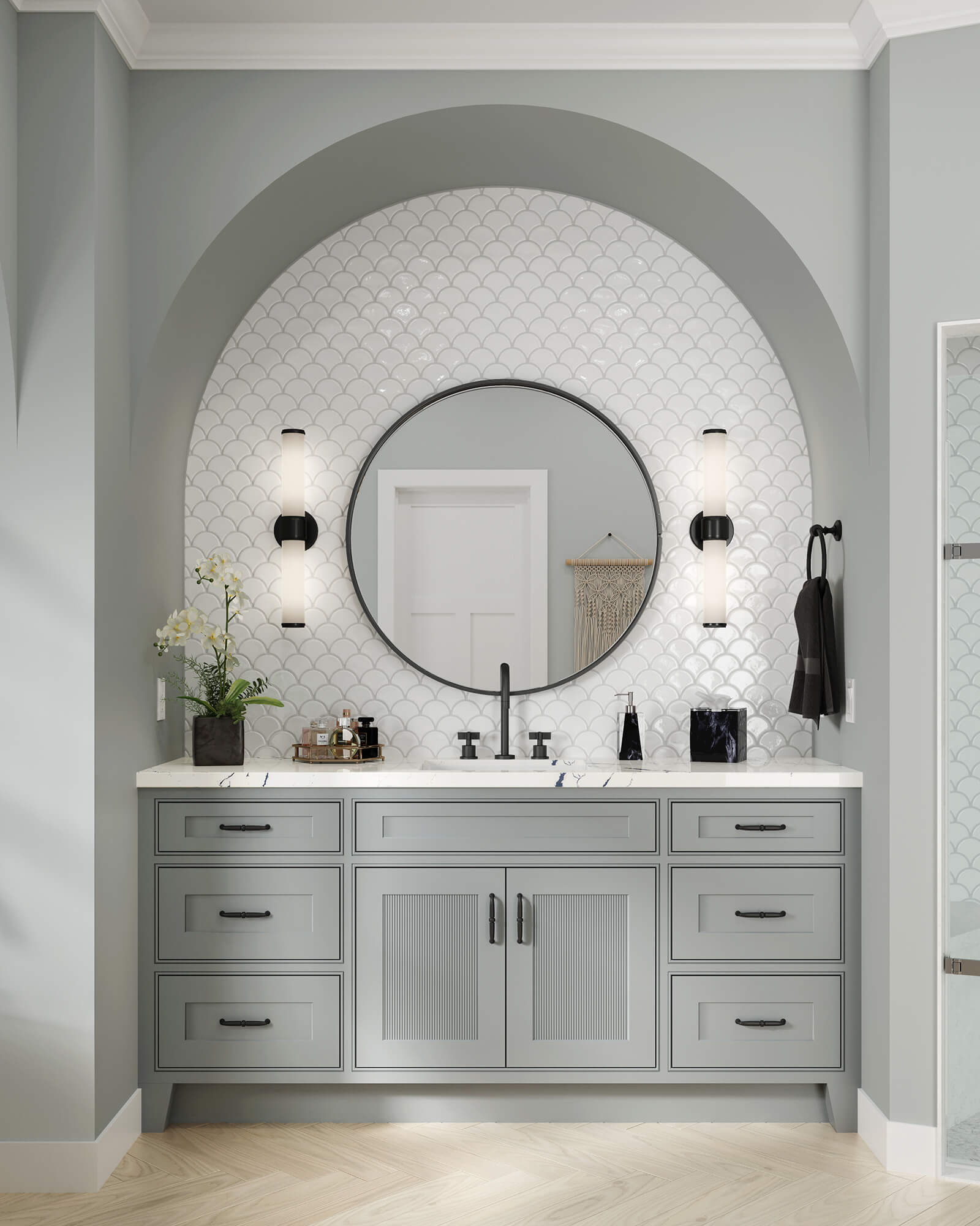 An all gray master bathroom remodel with reeded cabinet door accents on the furniture style vanity.