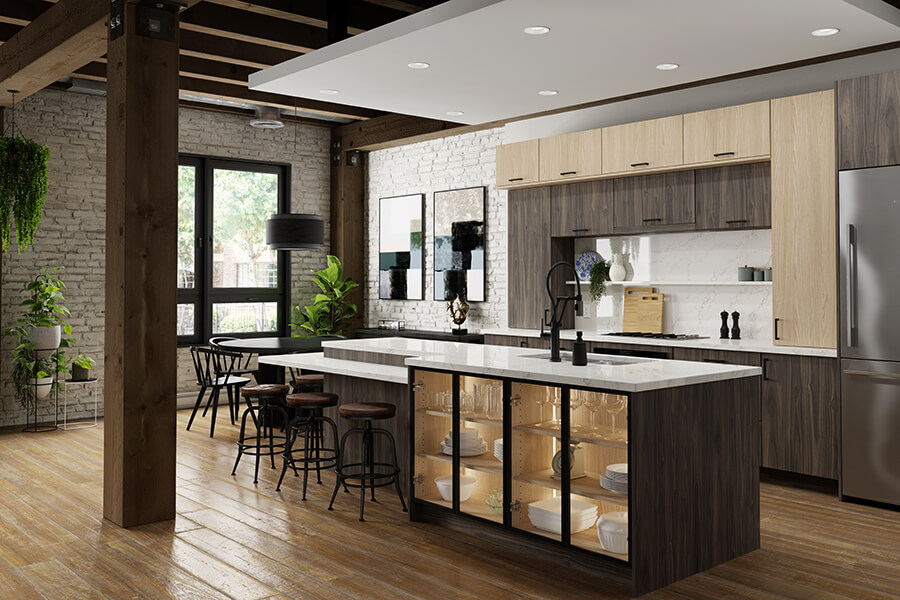 A contemporary kitchen with industrial details featuring Theromo Foil TFL textured cabinets.