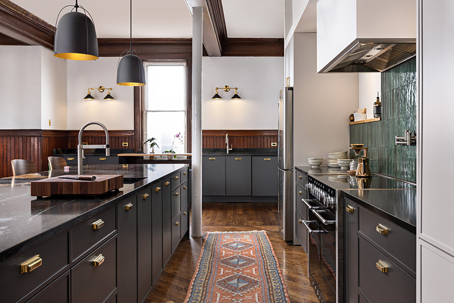 Modern and traditional styles combine in this urban loft kitchen design.