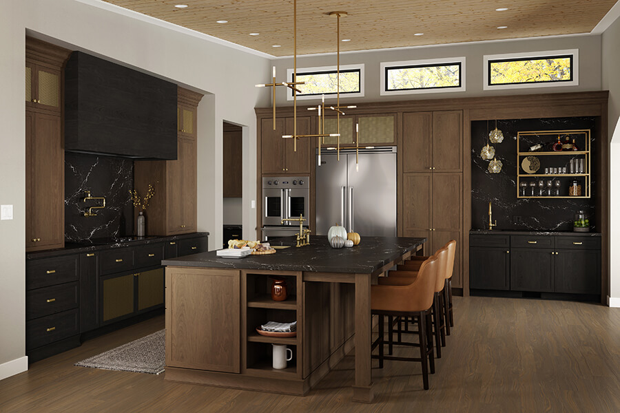 Learn how to create a variety of kitchen design styles. This ktichen features modern skinny shaker cabinet doors and a black and brown stain color palette.