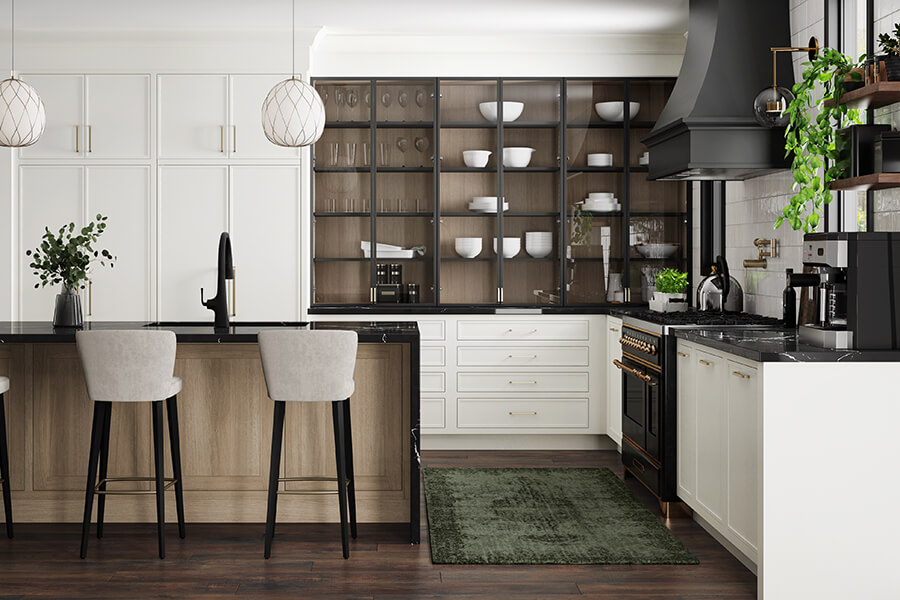 A white painted kitchen with skinny shaker doors, black accents, and a white oak kitchen island.