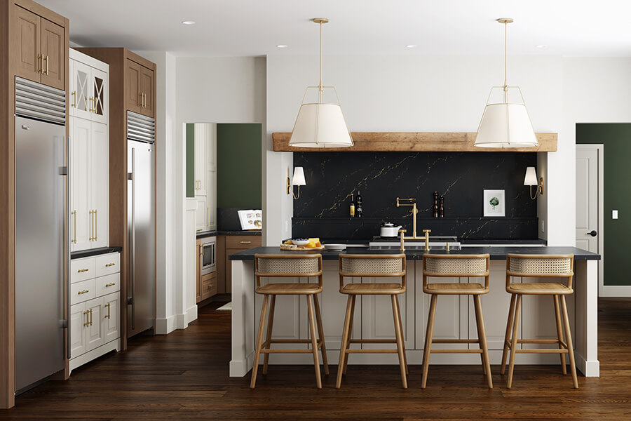 A traditional kitchen design with a large stove alcove space with a back kitchen and a kitchen island with seating for four.